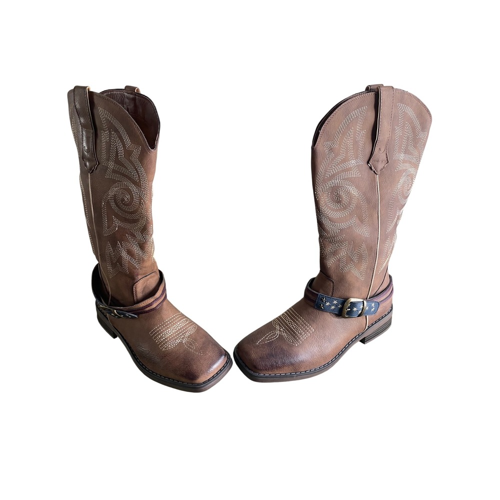 J-SOLE Distressed Brown‎ Western Cowboy Boots Harness Star Buckle Size 40 / 9.5